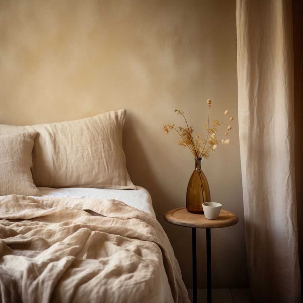 Beige linen bed top furniture textile curtain