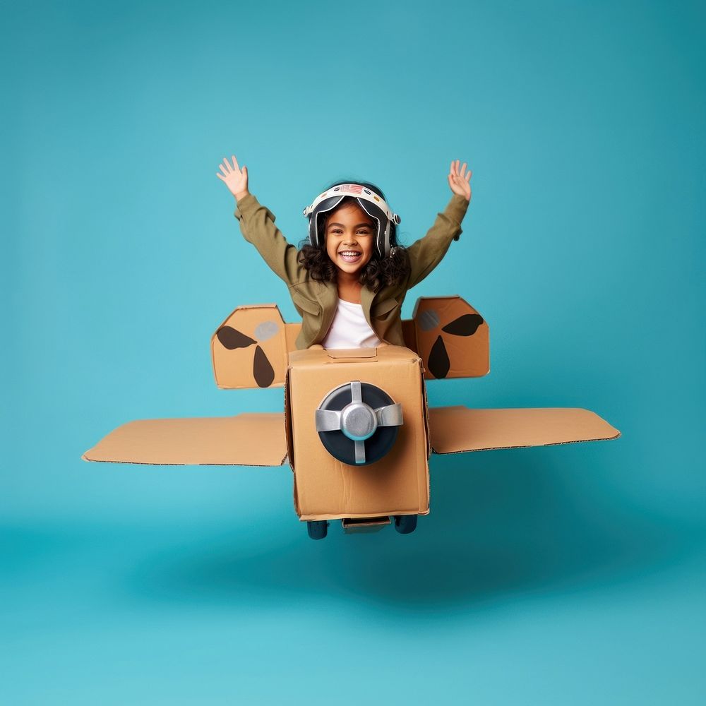 Little girl flying a cardboard airplane. AI generated Image by rawpixel.