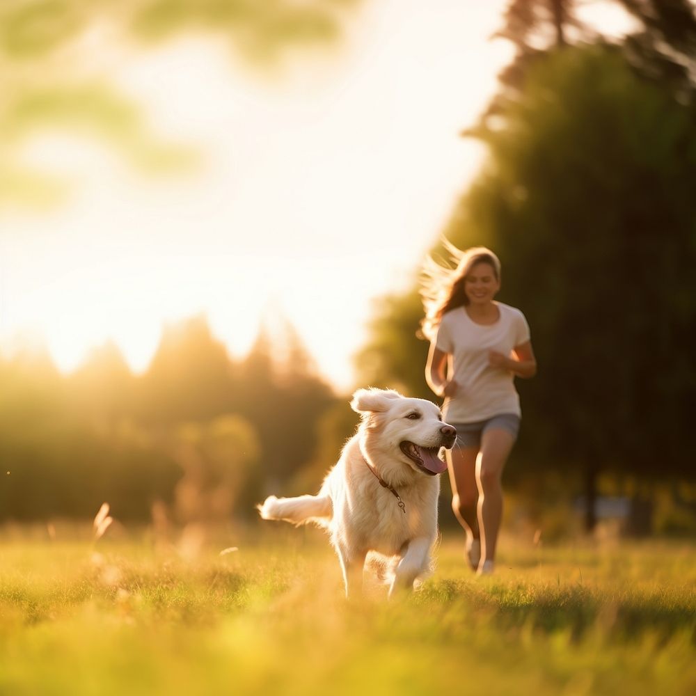 Photo of a dog running with owner at park.  