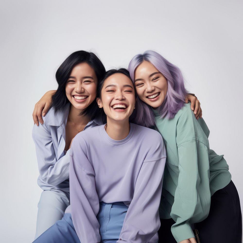 Three young asian women laughing smile adult