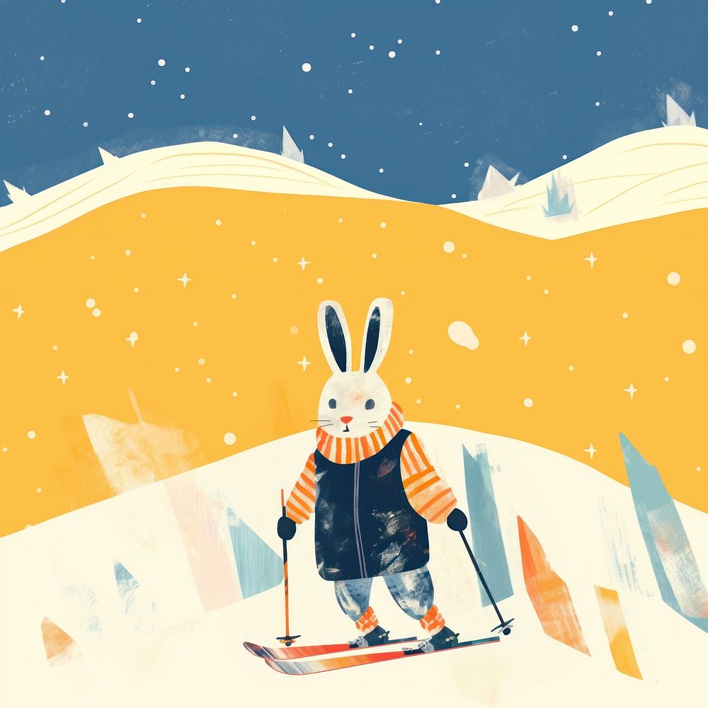 Rabbit playing ski skiing sports winter. AI generated Image by rawpixel.