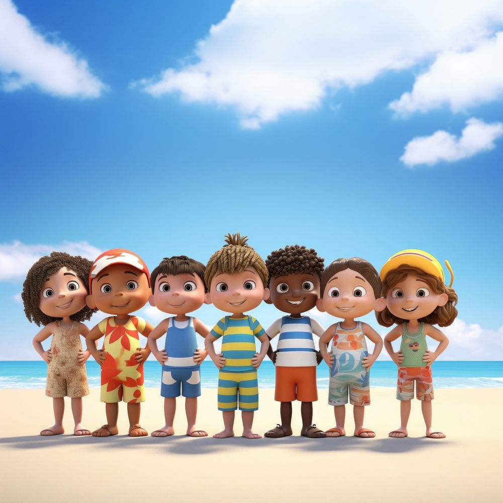 Diversity kids beach outdoors cartoon. AI generated Image by rawpixel.