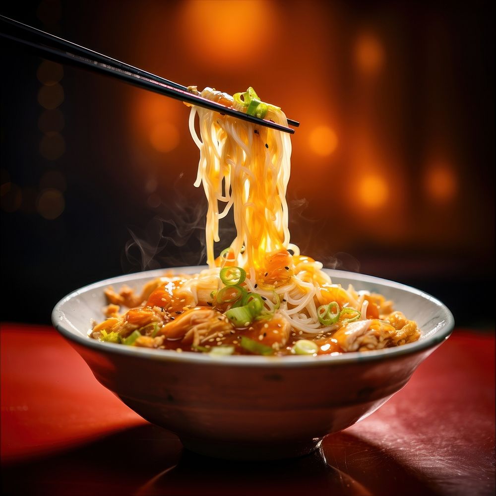 Noodles soup food bowl chopsticks. AI generated Image by rawpixel.
