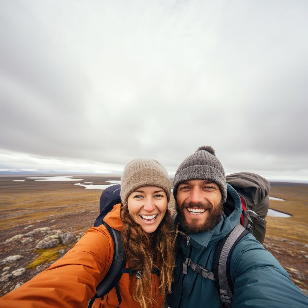 Couple traveler hiking selfie adventure. 