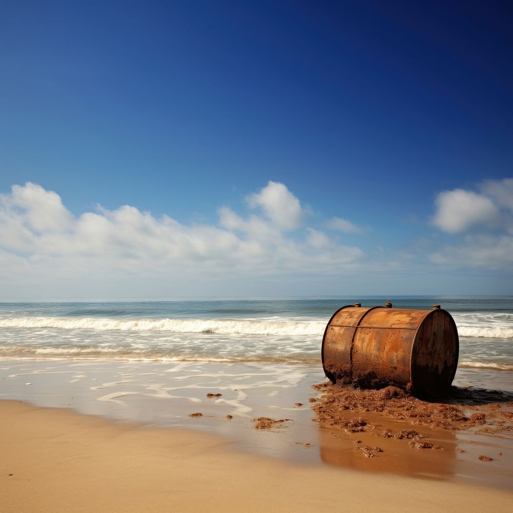 Rusty oil barrel beach outdoors horizon. AI generated Image by rawpixel.