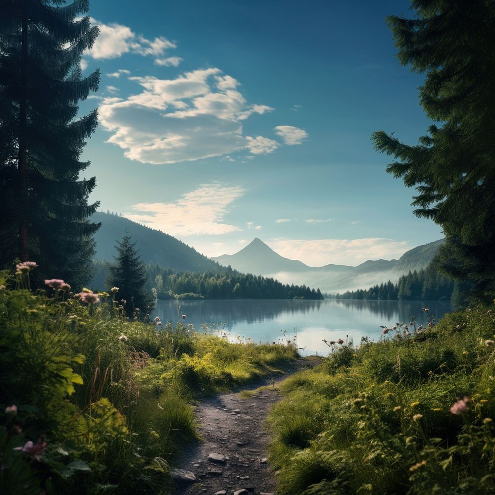 Lake nature wilderness landscape. AI generated Image by rawpixel.