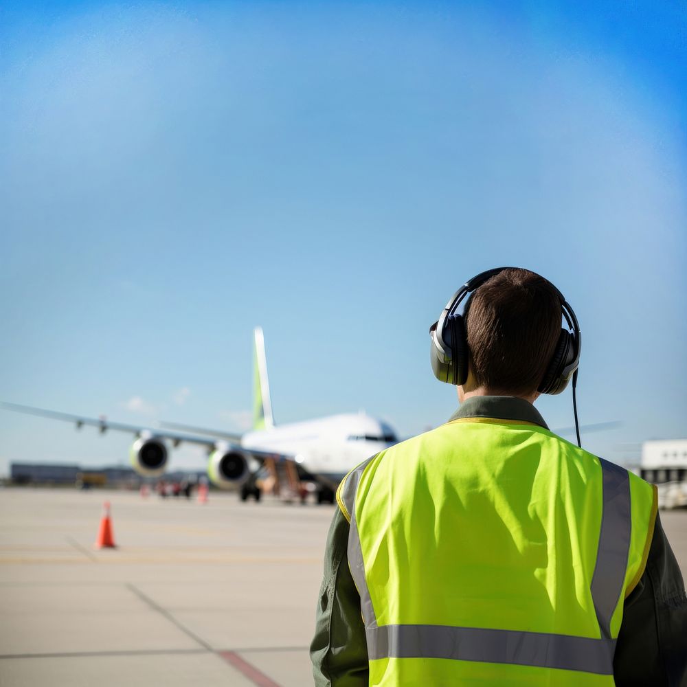 Back view photo of an airport staff wearing green safety vest and headphone.  