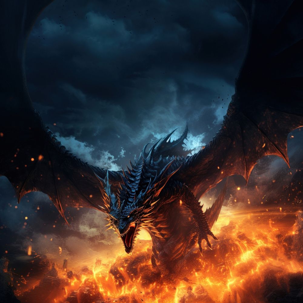 Giant dragon fire night aggression. AI generated Image by rawpixel.