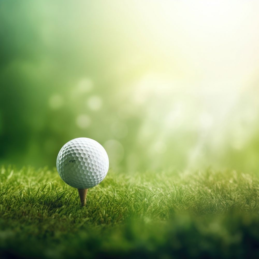 golf ball is sitting on a tee with a golf club in the background.  