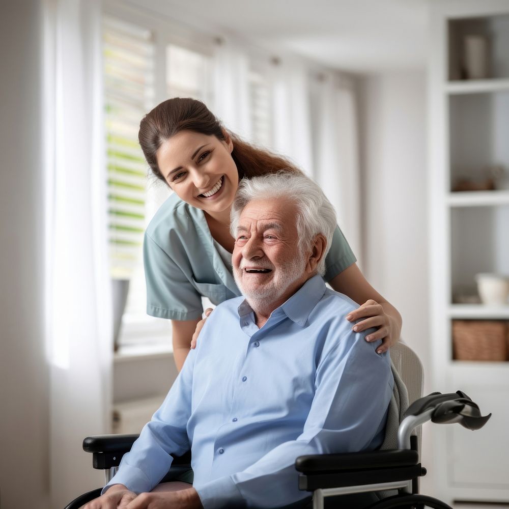 Caring female doctor embracing helping happy senior male disabled patient medical smiling adult. AI generated Image by…