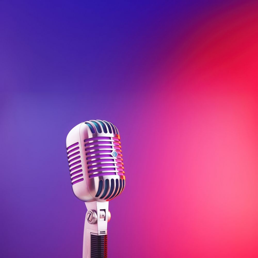 photo of vintage microphone, pink and purple background gradient, background copy space.  