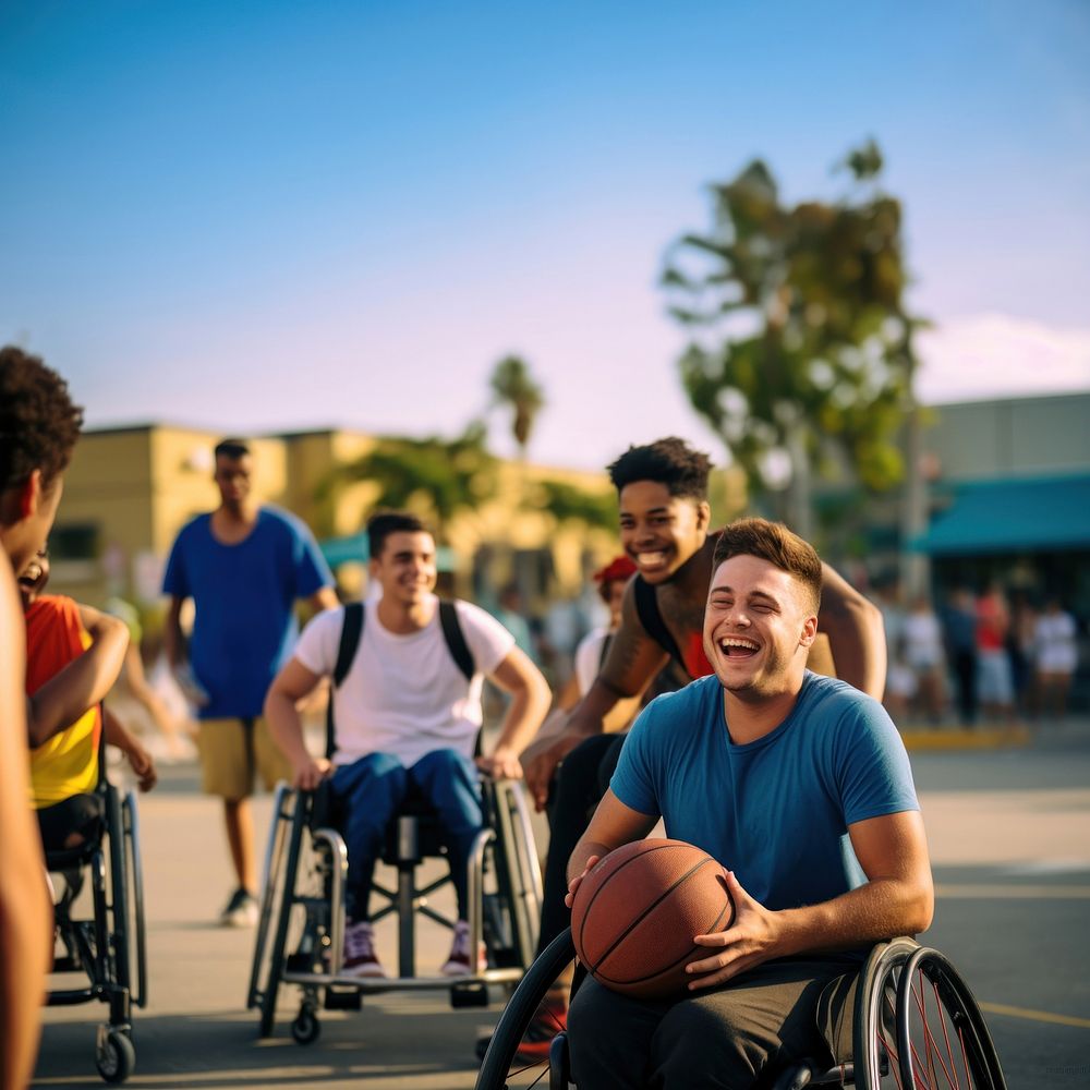 photo of a disable man in wheelchair playing basketball with friends. AI generated Image by rawpixel. 