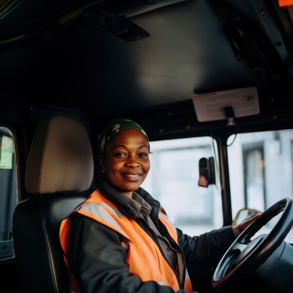 Photo of a diverse women bus driver.  