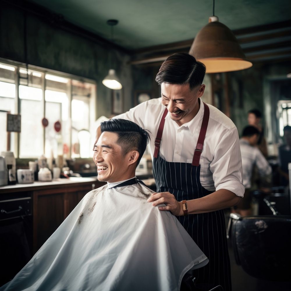 Asian barber barbershop adult togetherness. AI generated Image by rawpixel.