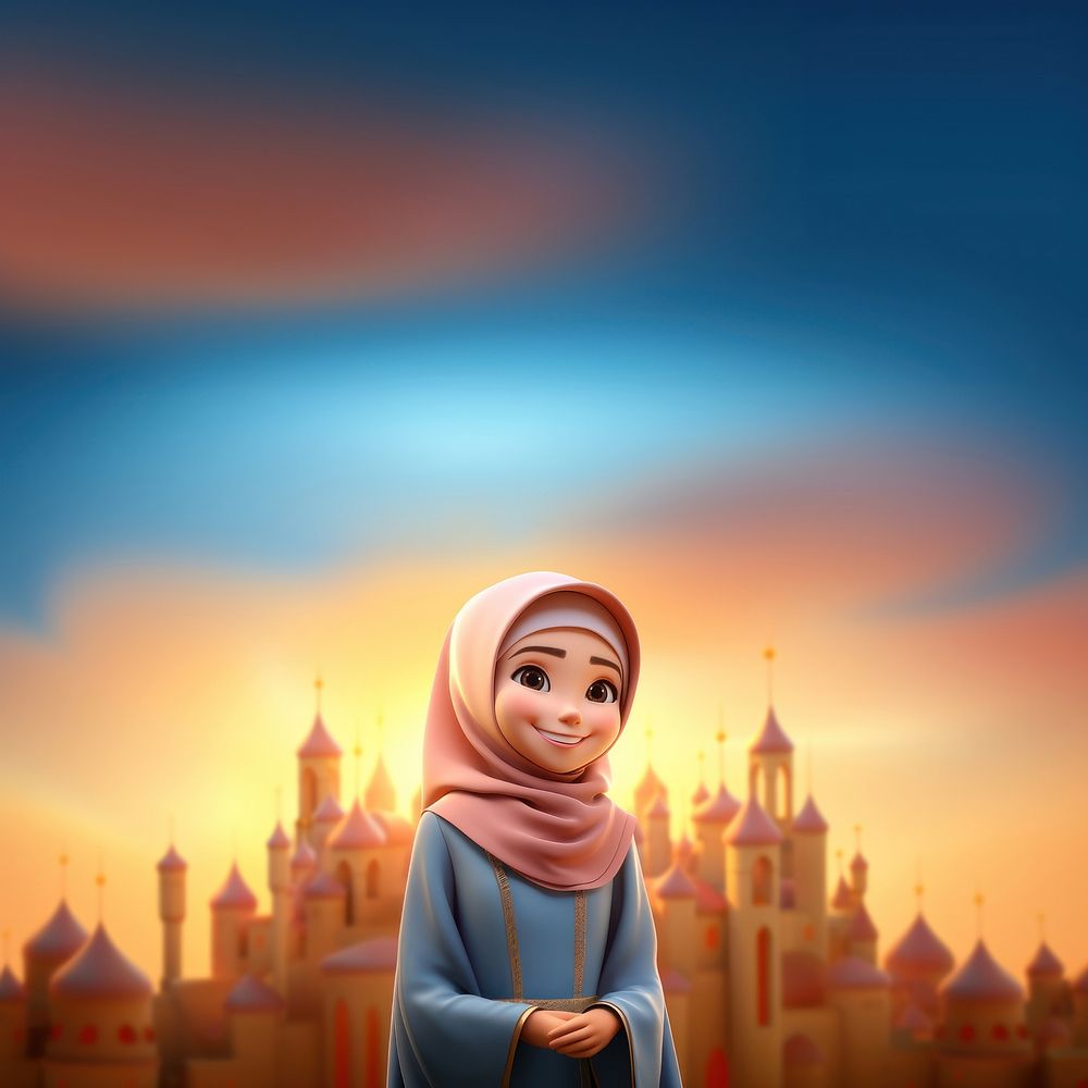 Muslim young girl cartoon architecture spirituality. 