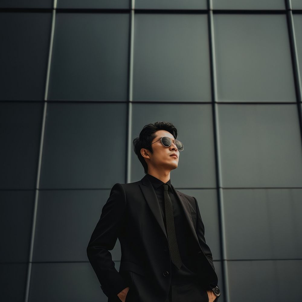 Photo of asian men look up the same way, wear suit and sunglasses.  