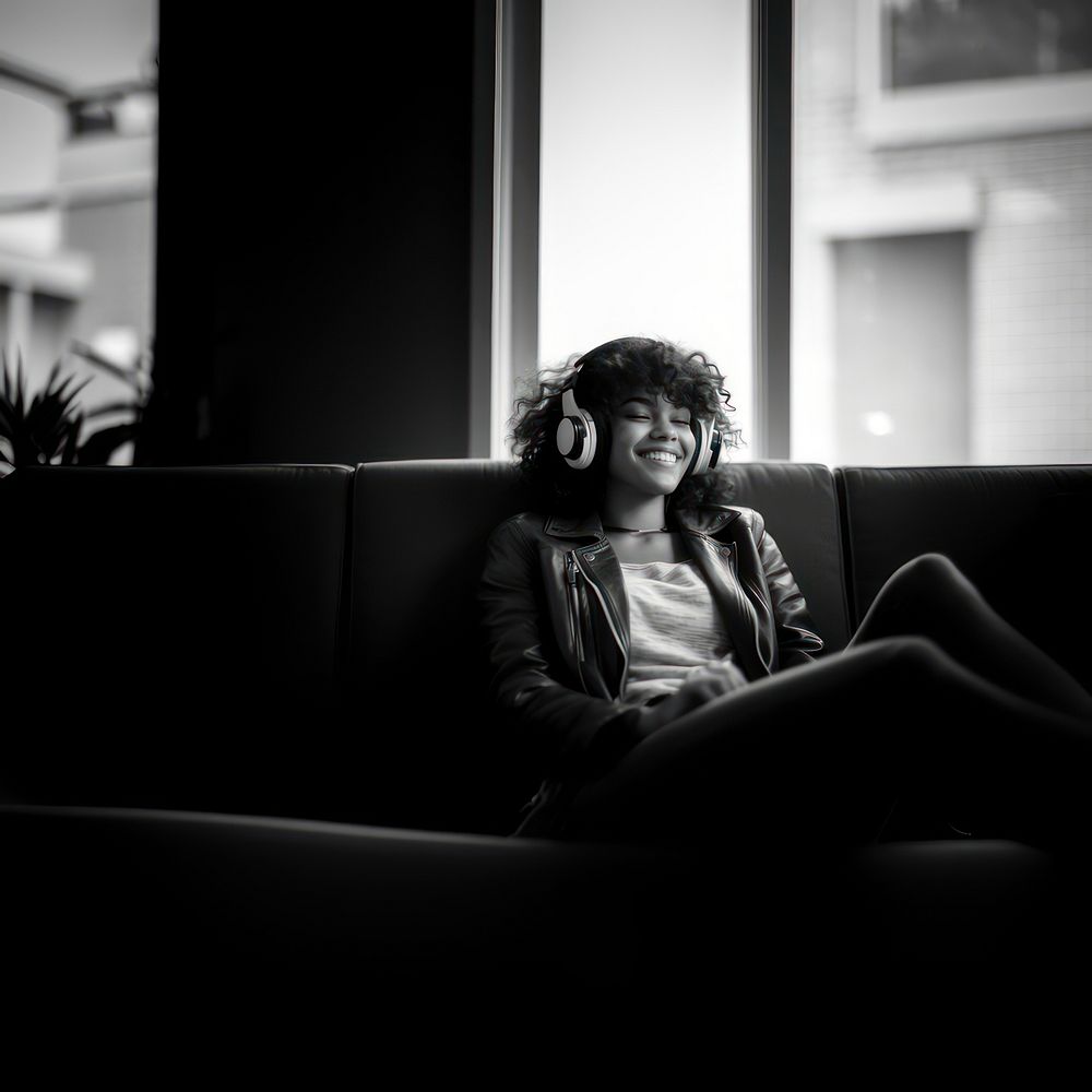 Woman sitting headphones furniture. AI generated Image by rawpixel.
