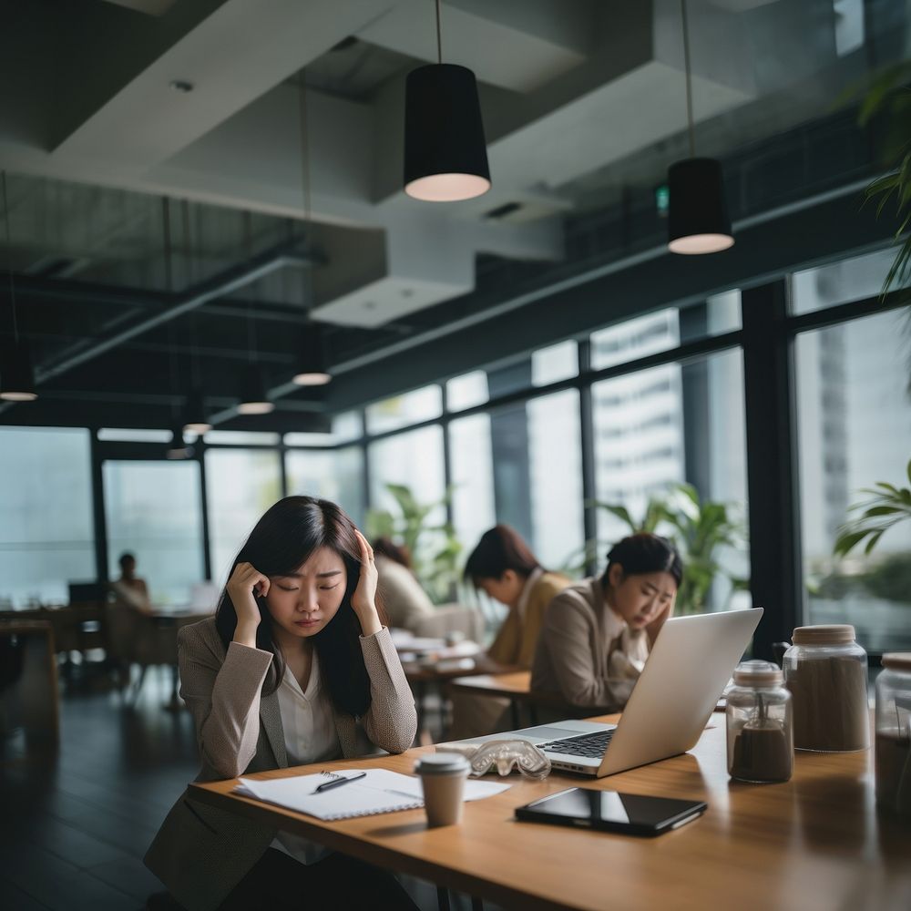 Photo of middle age asian office women having a bad day at office.  