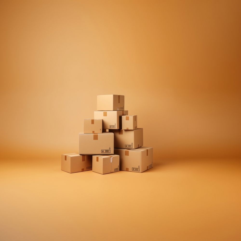 Photo of stacked moving boxes, isolated on beige background.  