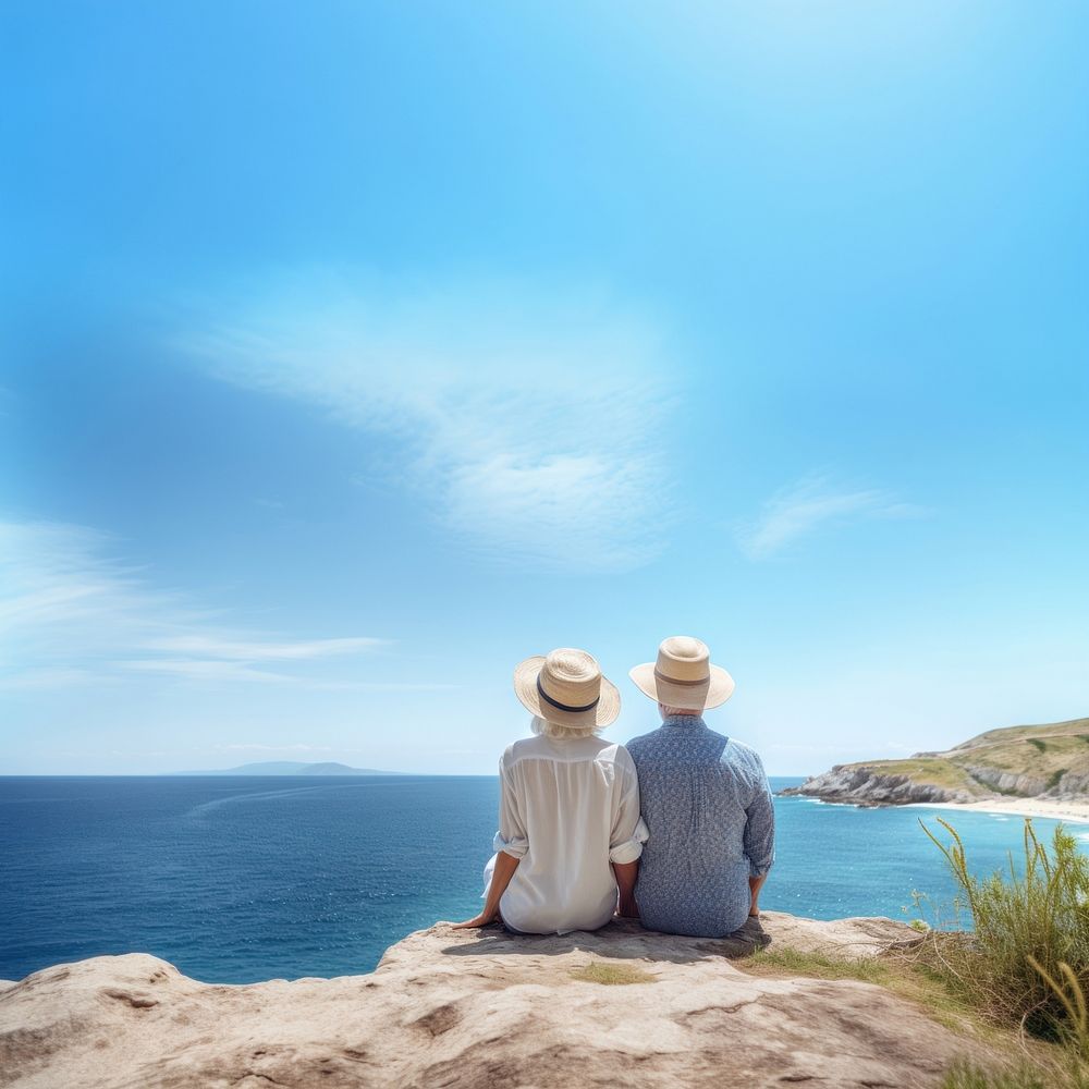 Traveler senior couple look at the sea.  