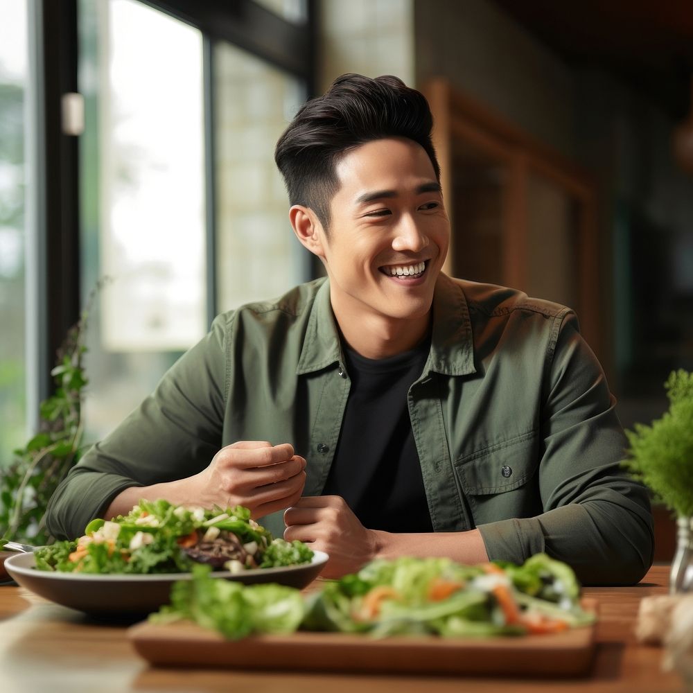 Eating salad adult smile. AI generated Image by rawpixel.