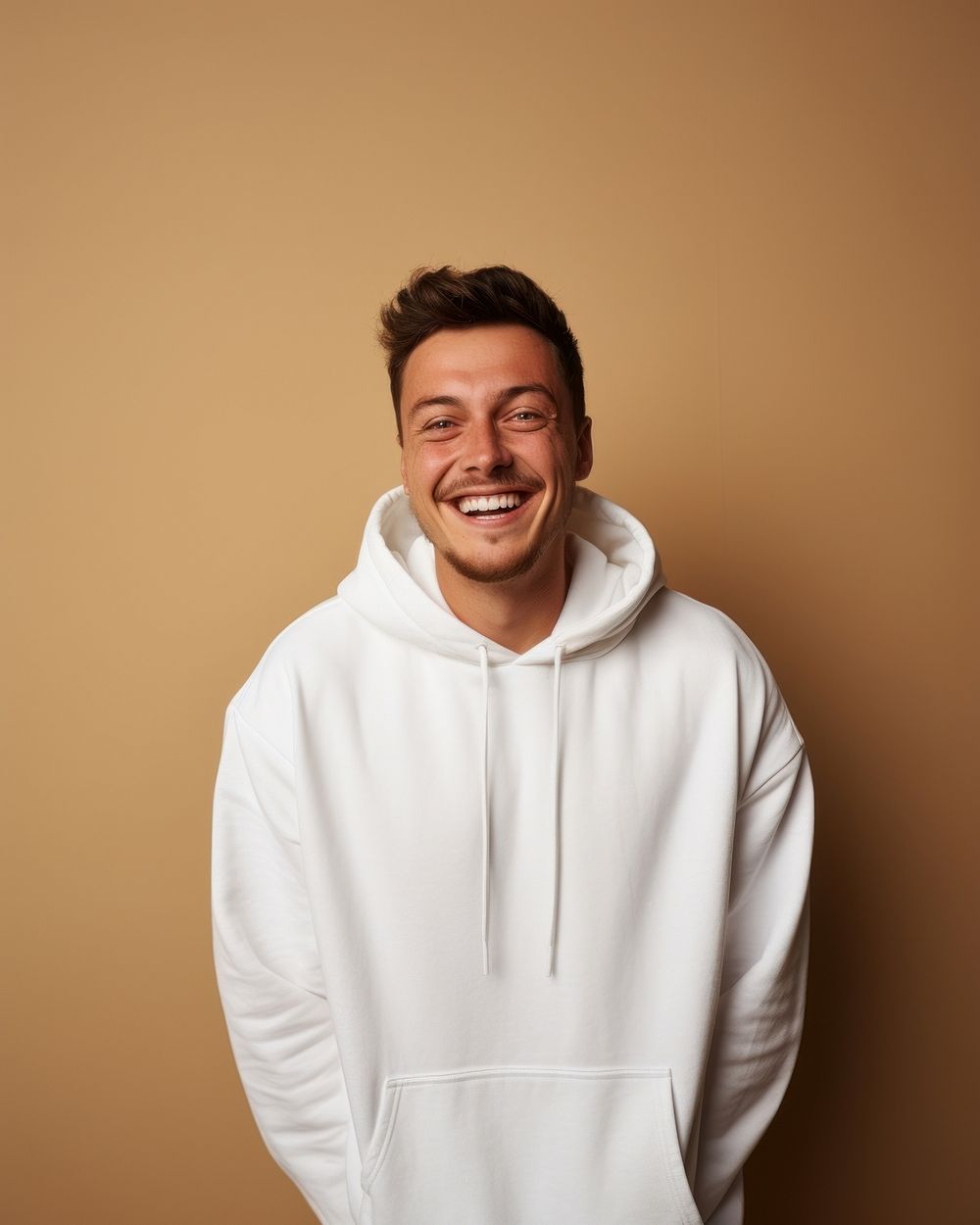 Hoodie sweatshirt portrait laughing. 