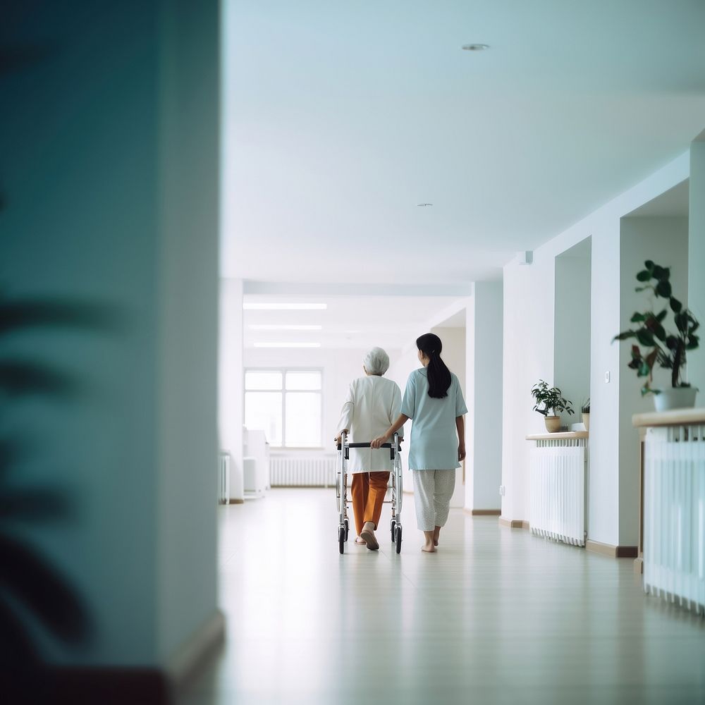 minimal, photo of nurse supporting old woman patient with orthopedic problem to walk in hospital. AI generated Image by…