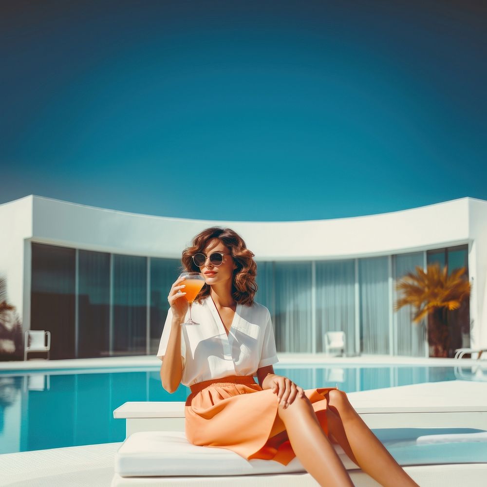 photo of a women with summer outfits sitting next to the luxury modern pool. AI generated Image by rawpixel. 