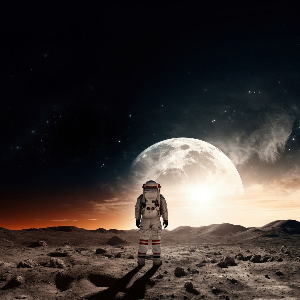 photo of Astronaut on Planet Watching on moon with sunrise.  