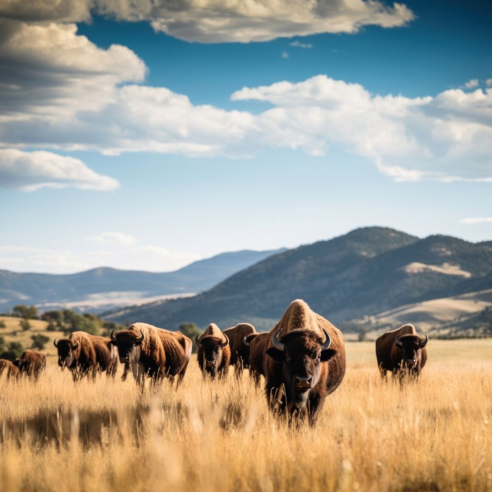 Bison field herd grassland. AI generated Image by rawpixel.