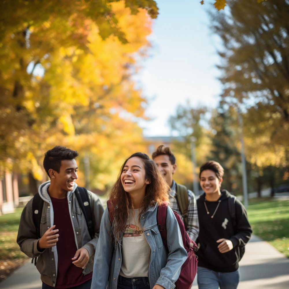 Teenagers outdoors campus autumn. 