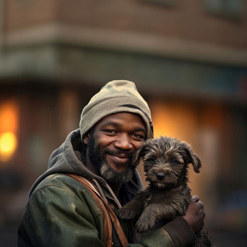 Homeless portrait holding mammal. AI generated Image by rawpixel.
