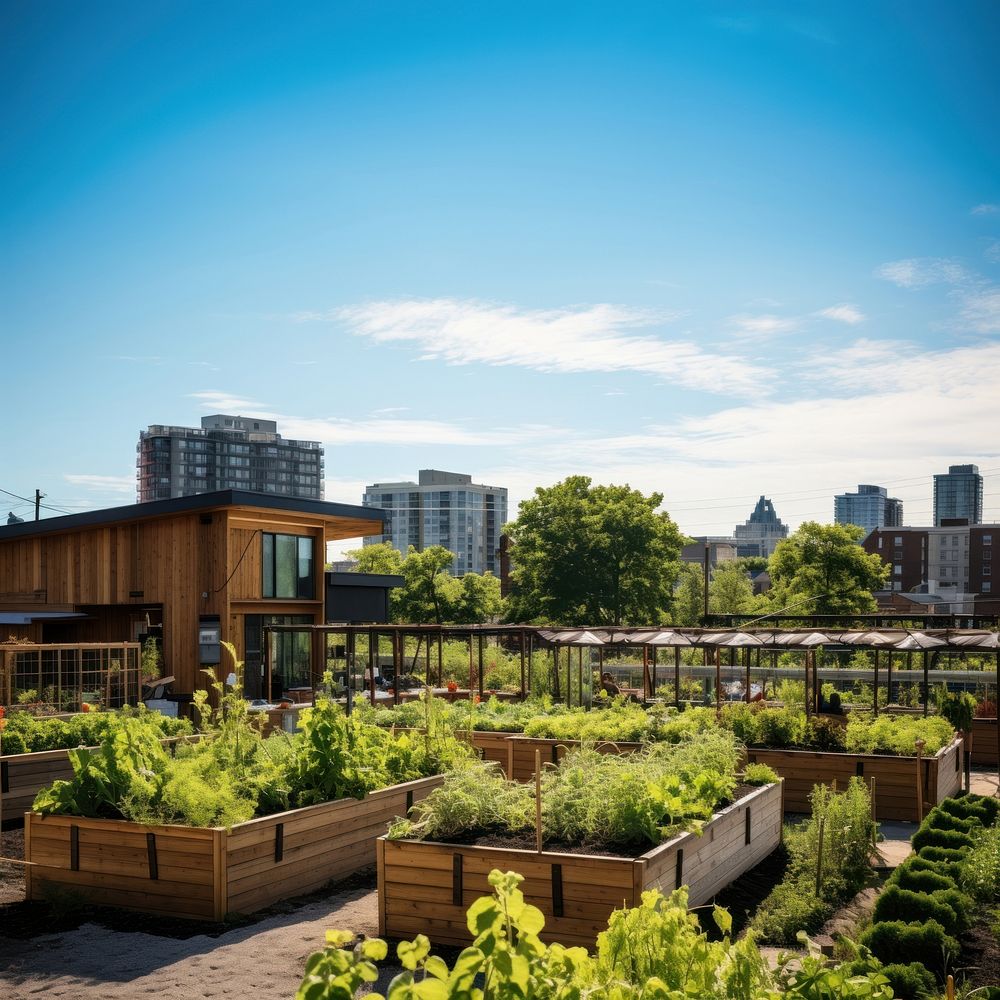 Image of a community garden in an urban setting, showcasing raised beds and composting units, emphasizing local food…