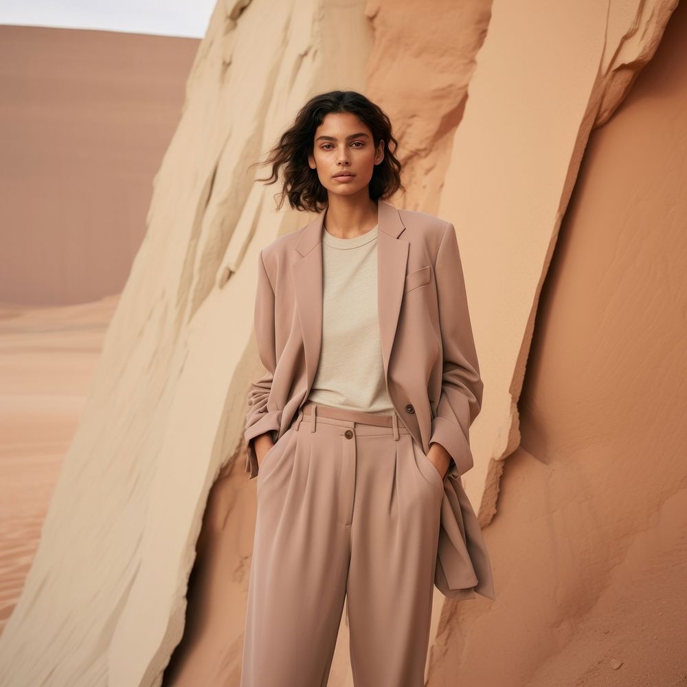 Woman standing wearing a minimal colorful outfit outdoors nature outerwear. 