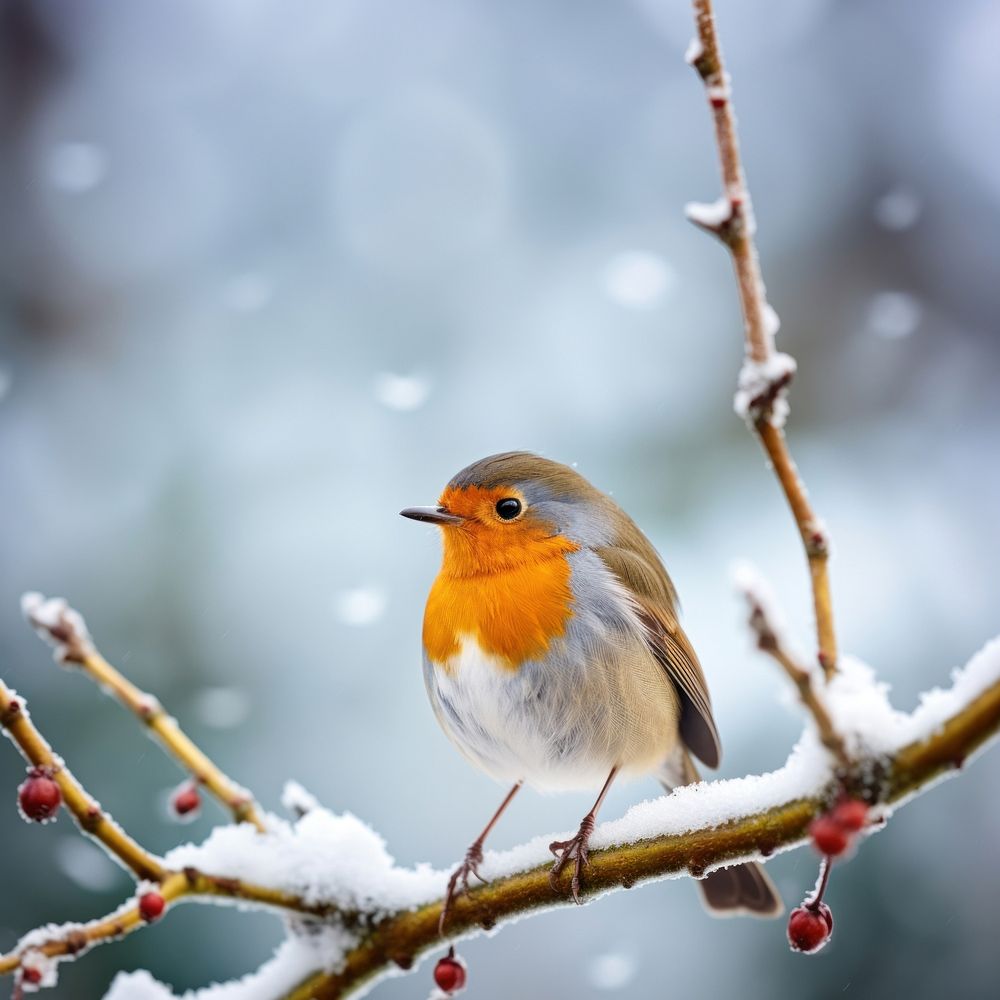 European robin outdoors nature branch. AI generated Image by rawpixel.