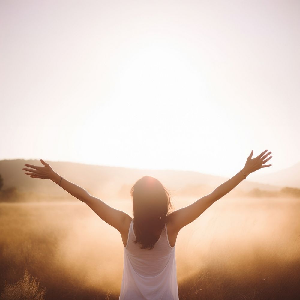 Woman raised arms adult tranquility silhouette. AI generated Image by rawpixel.