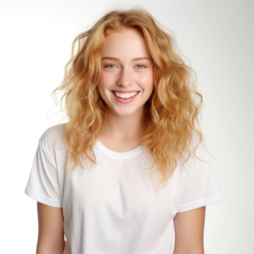 Portrait t-shirt smiling blonde. AI generated Image by rawpixel.