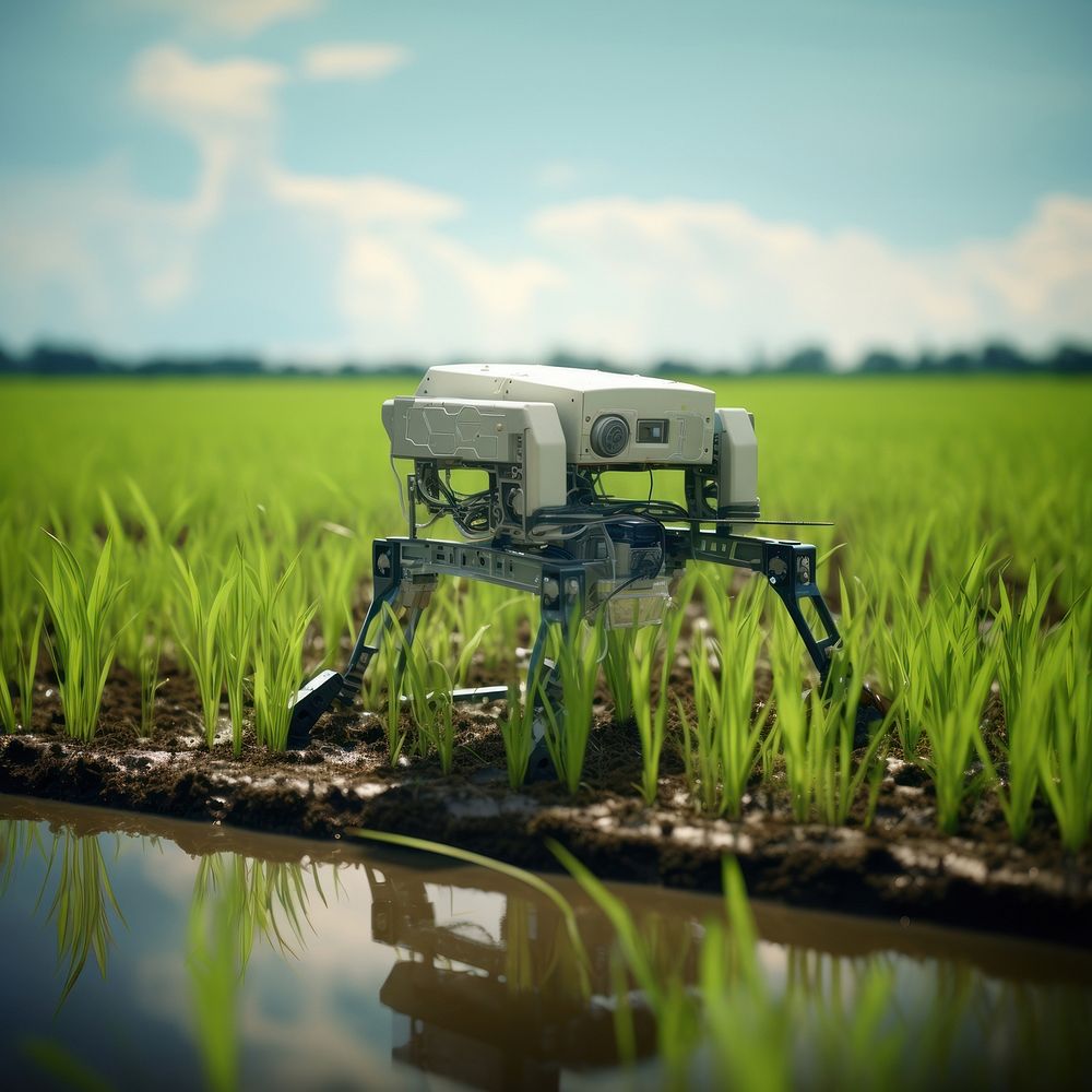 Rice farmer robot plant agriculture outdoors. AI generated Image by rawpixel.