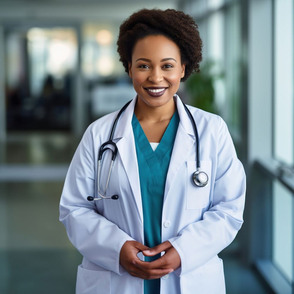 A black plus size female doctor hospital smiling adult. 
