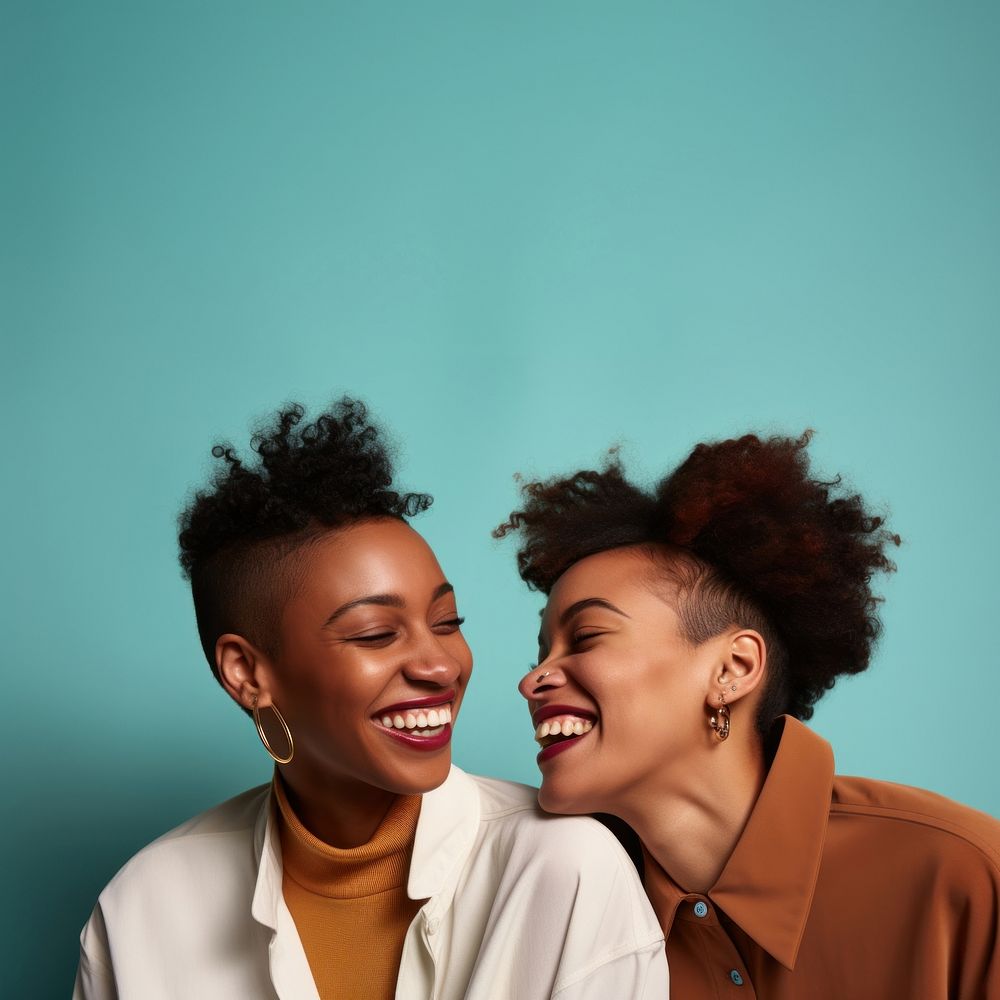 Black lesbian couple laughing smile adult. 