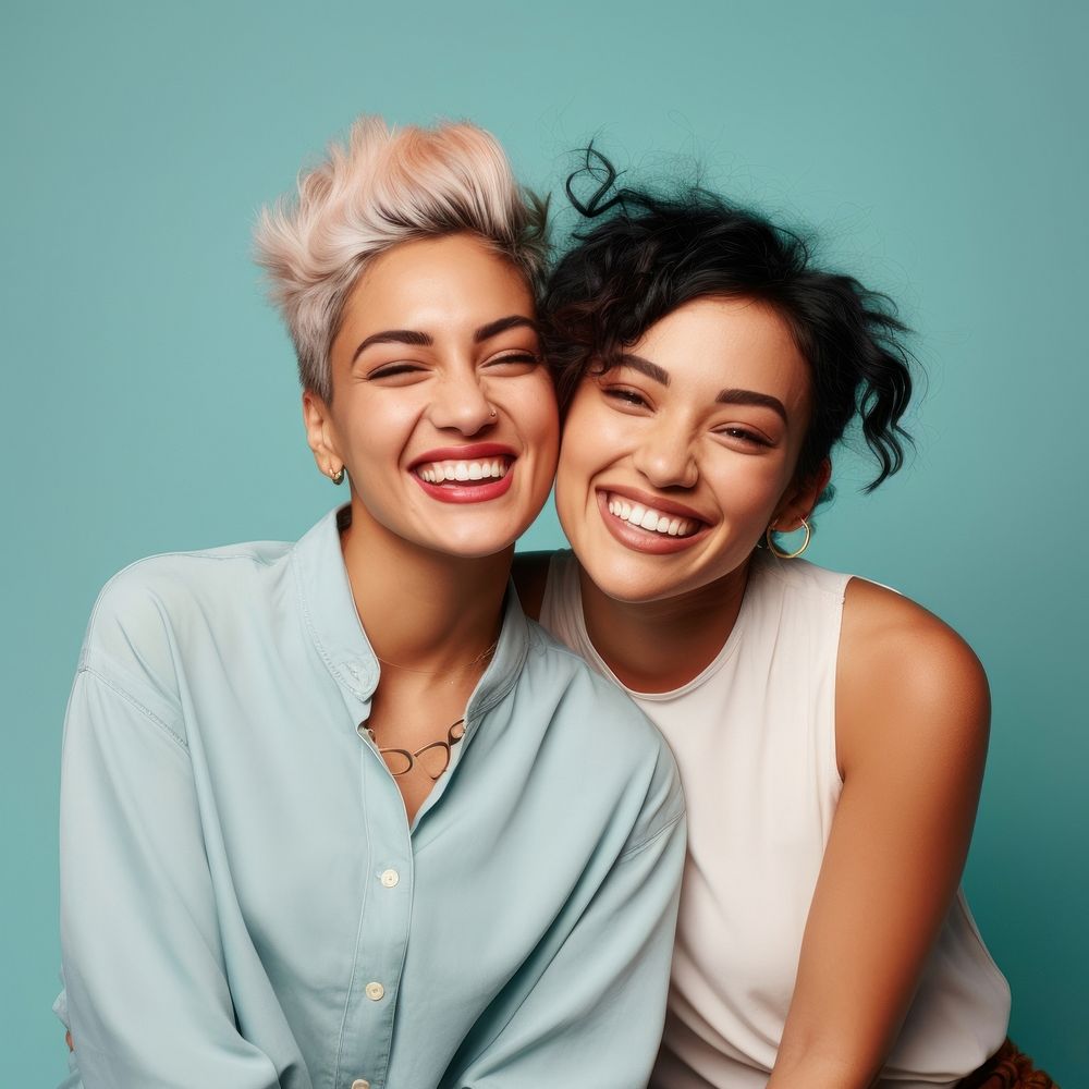 Latina lesbian couple laughing smile adult. AI generated Image by rawpixel.