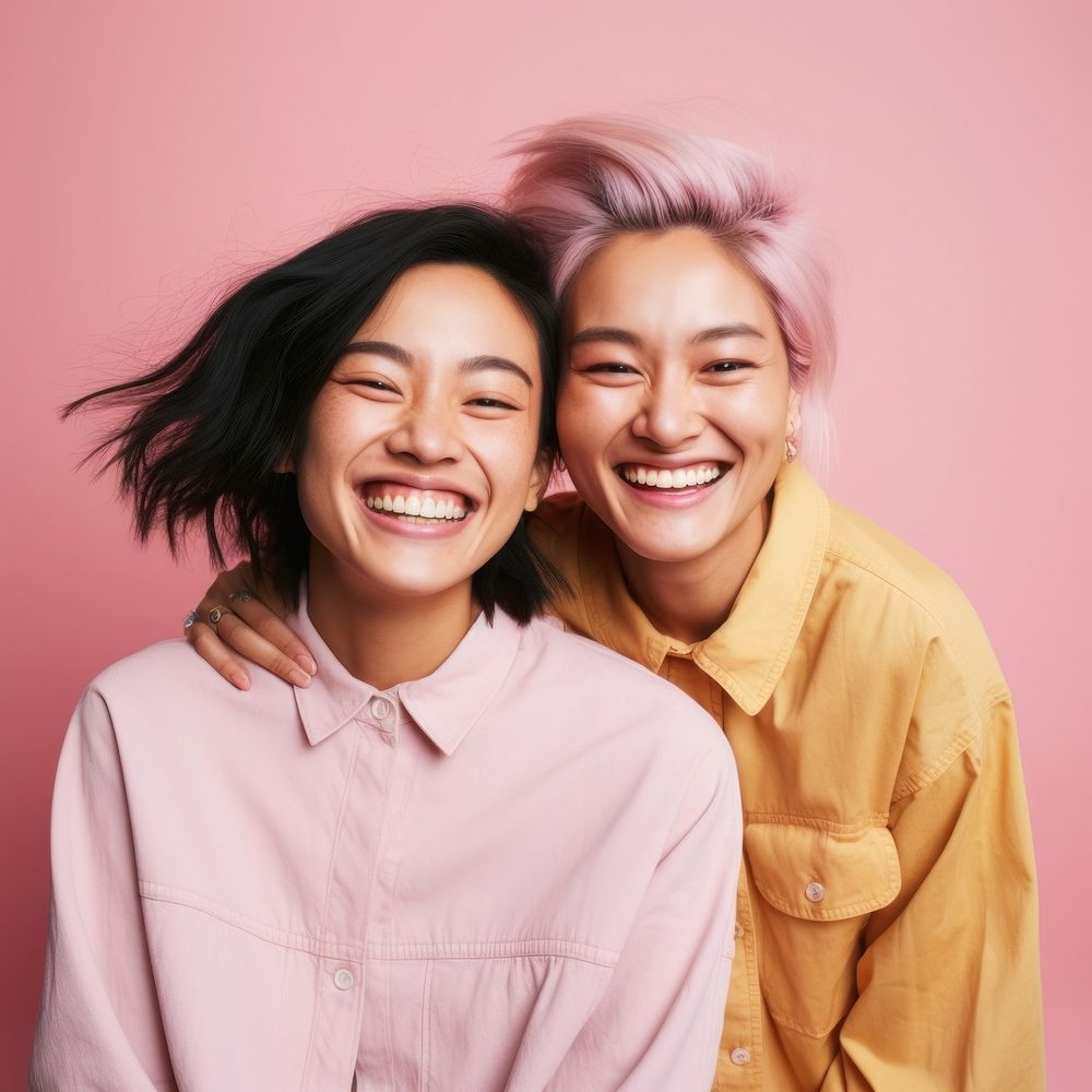 Asian lesbian couple laughing smile adult. 