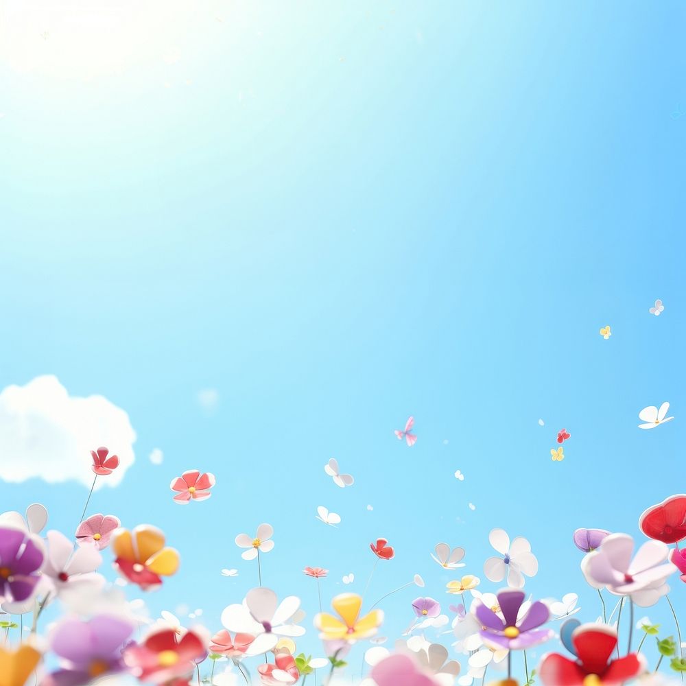 3d illustration of flowers and colorful confettis floating in the air clean sky.  