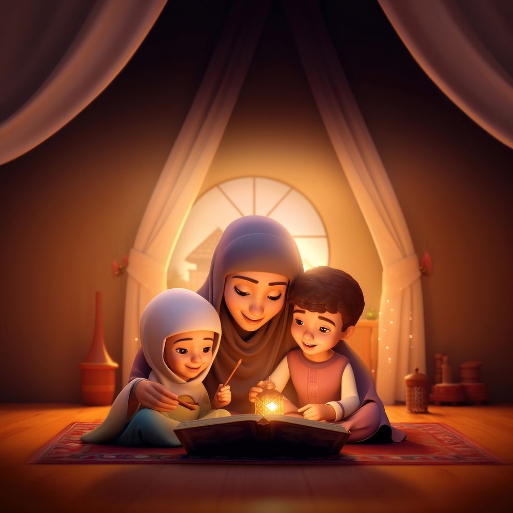 Muslim reading quran architecture lighting cartoon. AI generated Image by rawpixel.