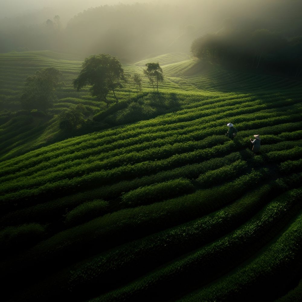 A Chinese tea pickers in a serene tea garden. AI generated Image by rawpixel. 