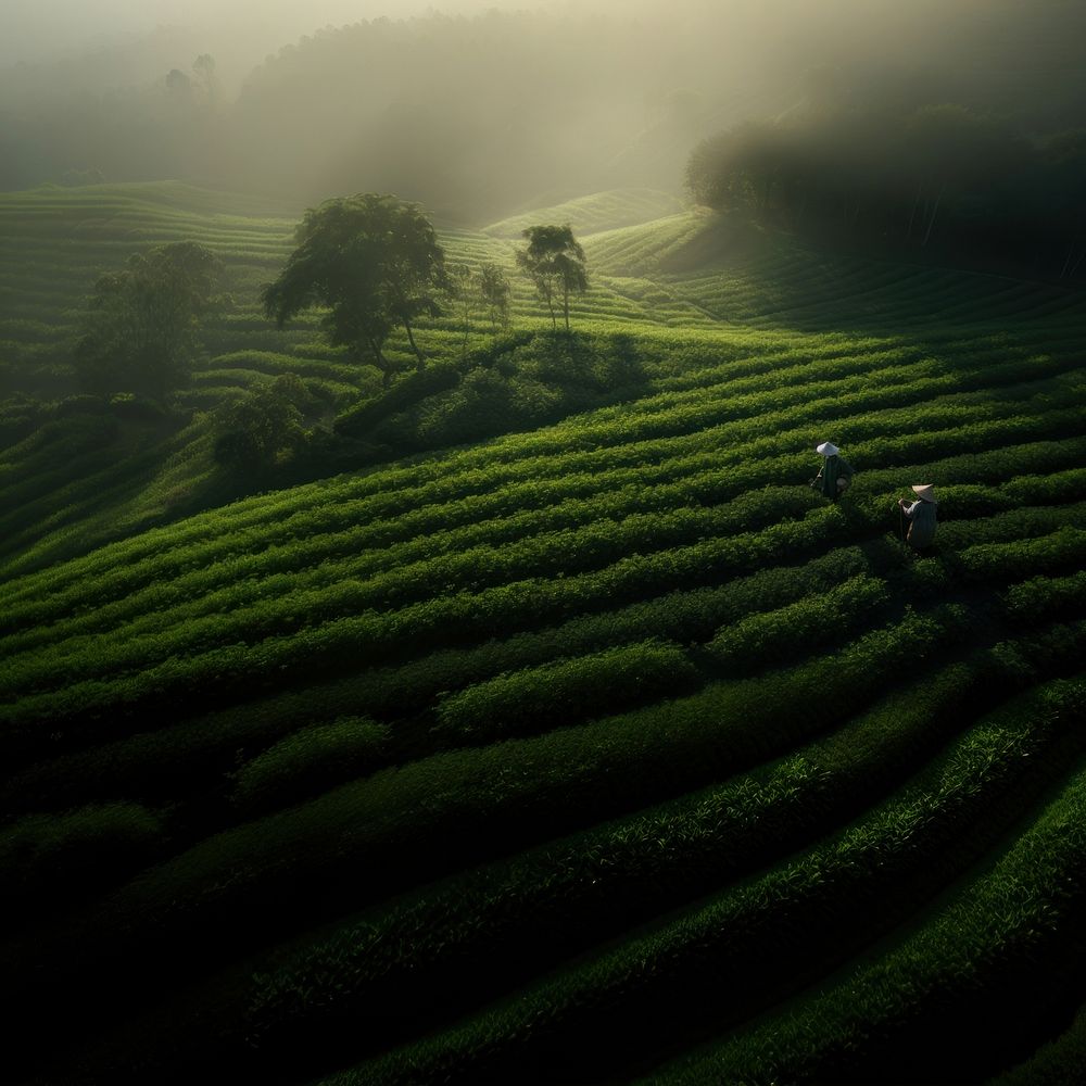 A Chinese tea pickers in a serene tea garden.  