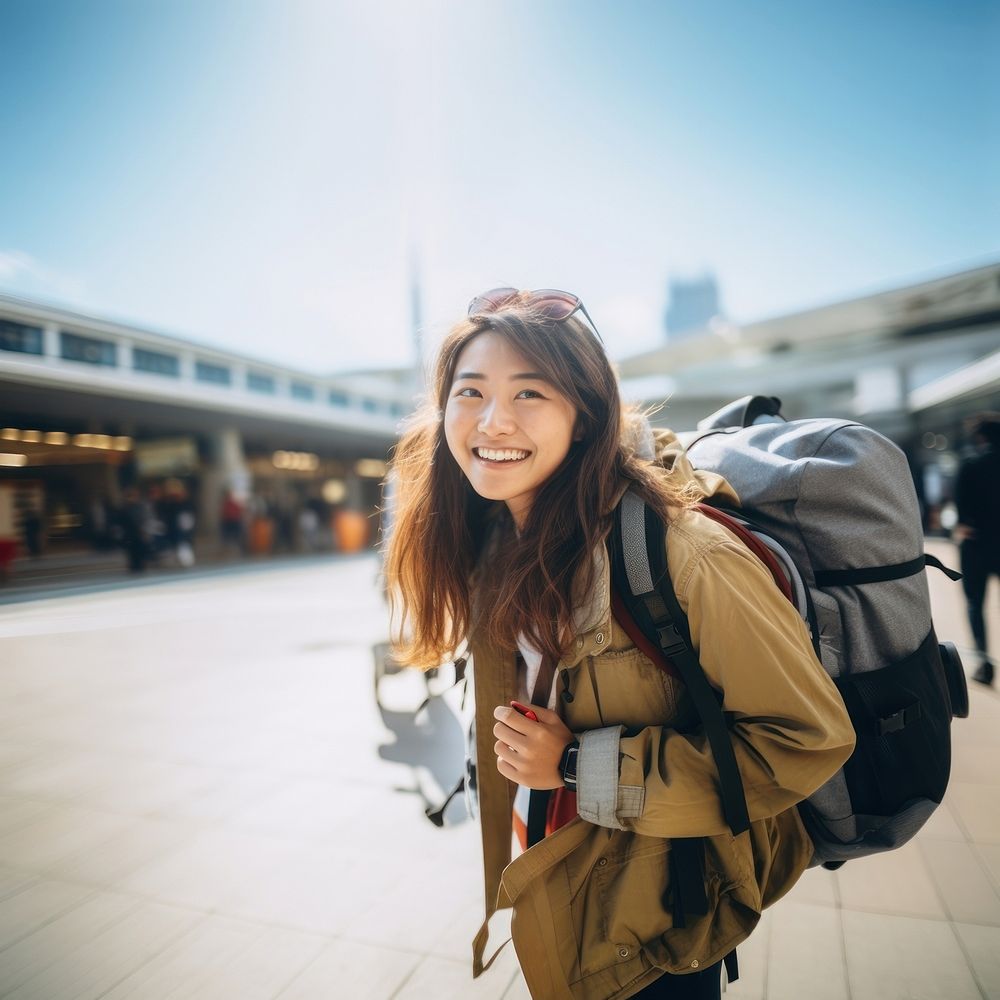 Dragging baggage backpack smiling smile. AI generated Image by rawpixel.