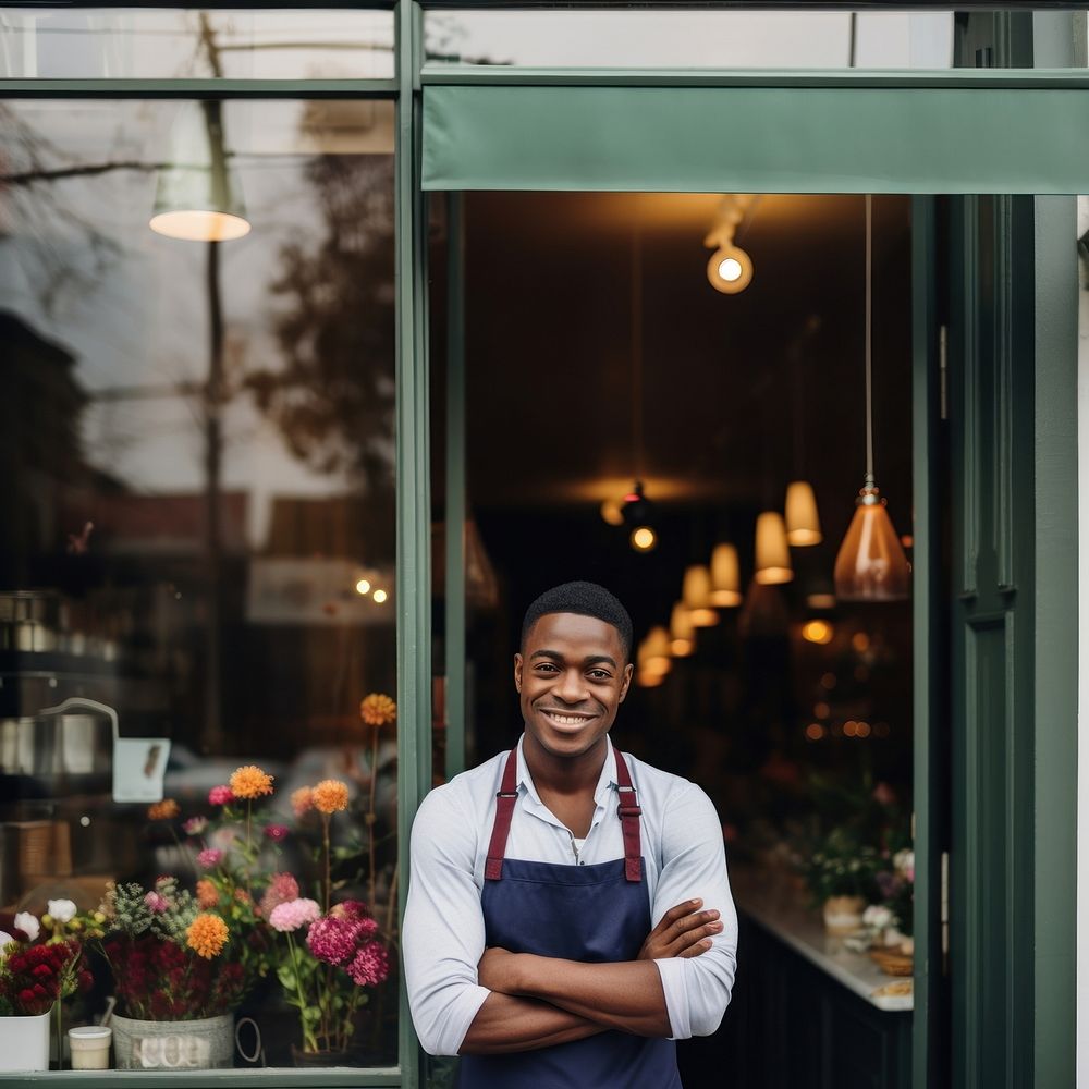 Photo of a cheerful small business owner standing and smiling in front of their shop.  