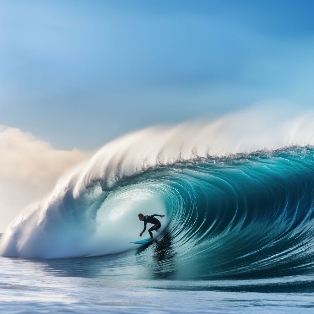 Photo of a woman Surfing in the blue wave ocean.  