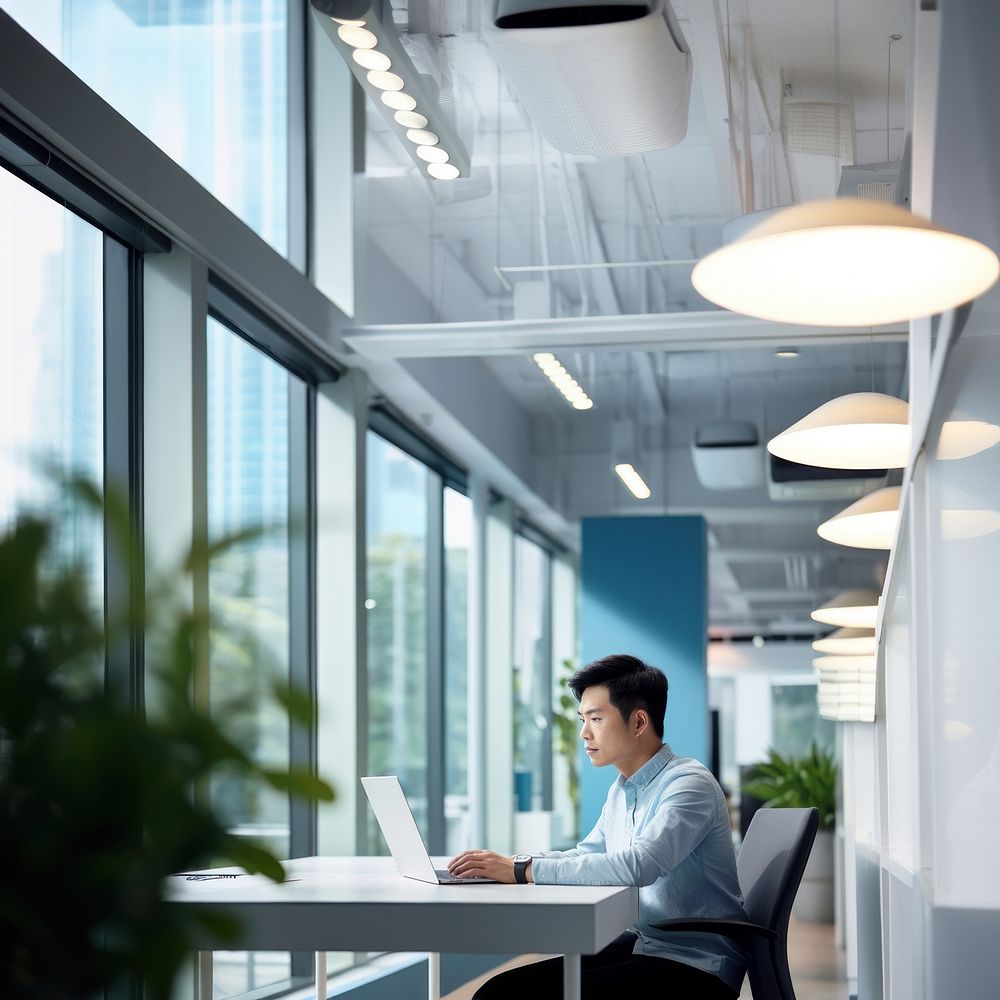 side view photo of an Asian office worker wearing casual clothes sitting in an office.  